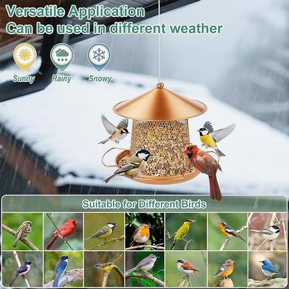 LBTING Bird Feeder for Outside, Metal Lantern-Shaped Bird Feeder, Squirrel Proof Wild Bird Feeders for Hanging Outdoor Garden Yard, Bright Gold