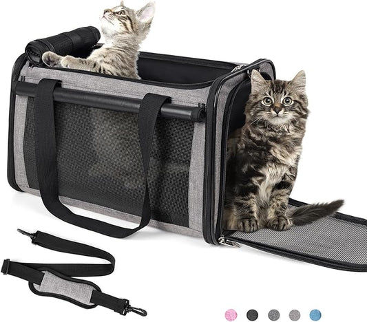 YUDODO 25 lbs Lightproof Pet Carriers Airline Approved Dog Cat Travel Soft Sided Carrier Reflective Mesh Safe Pet Cat Carrier Foldable Portable Small Animal Rabbit Puppy Cat Carrier Grey