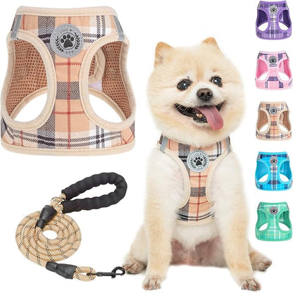 BEAUTYZOO Small Dog Harness and Leash Set,Step in No Chock No Pull Soft Mesh Dog Harnesses Reflective for Extra-Small/Small Medium Puppy Dogs and Cats, Plaid Dog Vest Harness for XS S Pets, Beige XS
