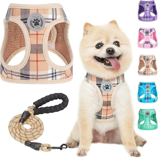 BEAUTYZOO Small Dog Harness and Leash Set,Step in No Chock No Pull Soft Mesh Dog Harnesses Reflective for Extra-Small/Small Medium Puppy Dogs and Cats, Plaid Dog Vest Harness for XS S Pets, Beige XS