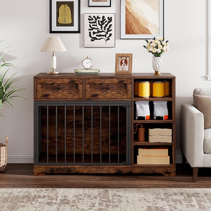 IDEALHOUSE 47” Large Dog Crate, Dog Kennel Indoor with 2 Drawers and 4 Shelves, Dog Crate Furniture TV Stand, Wooden Dog Cage for Medium Large Dogs, Brown
