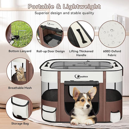 Dog Cat Playpen28/31/35in, Pet Puppy Portable Playpens for Outdoor Travel Crate, Indoor After Surgery Use, Foldable Dog Kennel Tent for Rabbit or Small Animals and Tent Stakes(Brown, Medium)