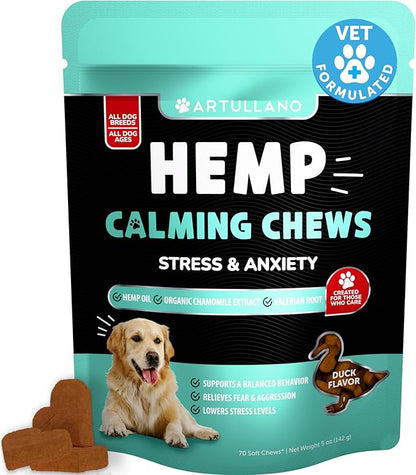 Hemp Calming Chews for Dogs - Dog Calming Chews - Dog Anxiety Relief Treats with Hemp Oil, Turmeric, Valerian, Ginger - Health and Wellness Supplements for Dogs - Hip and Joint Support - 70 Treats