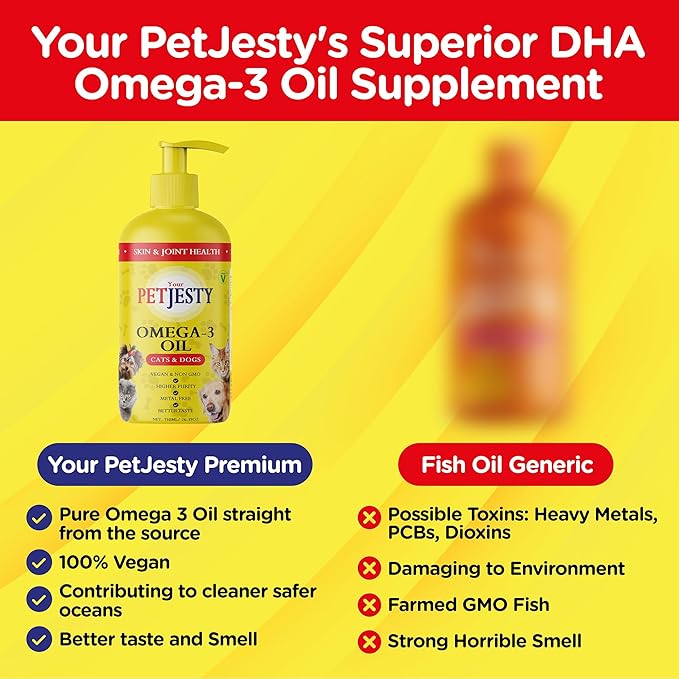 PetJesty Pure Omega 3 Oil for Dogs & Cats 26.39oz - Omega 3 Skin & Coat Support- Liquid Food Supplement for Pets - Vegan pet + DHA for Joint Function, Immune & Heart Health, Non Fish Oil Dog and Cat