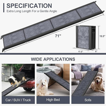 Dog Ramp for Car 71" Extra Long & 17.2" Wide Folding Pet Ramp Dog Ramps for Large Dogs with Non-Slip Rug Surface Portable Dog Car Ramp for SUV Car & Truck, Outdoor Dog Ramp Up to 270 LBS