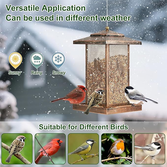 LBTING Bird Feeder for Outside, Metal Lantern-Shaped Bird Feeder, Squirrel Proof Wild Bird Feeders for Hanging Outdoor Garden Yard, Birds Pattern