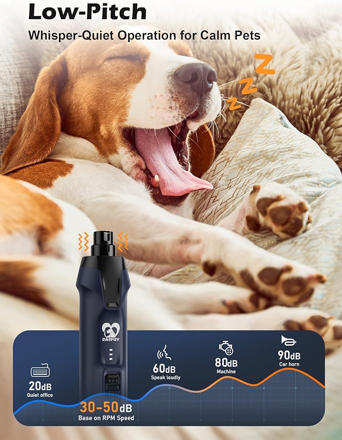 Casfuy 6-Speed Dog Nail Grinder  50%+ Boost Power Dog Nail Trimmers Quiet with Dust Cap & 2 LED Lights & 2000mAh Battery & 4.8V Motor Electric Pet Toenail File Tool for Large Medium Small Dogs Cats