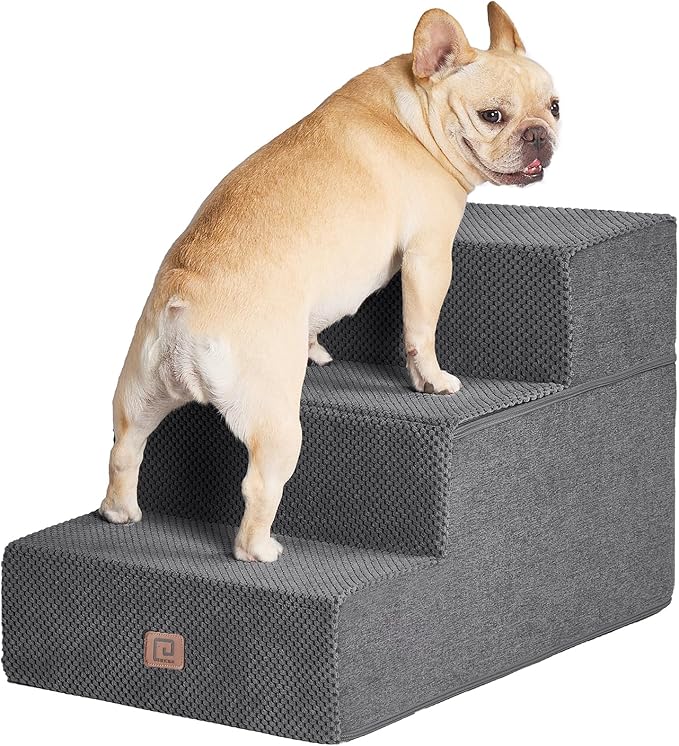 EHEYCIGA Dog Stairs for Small Dogs 16.5”H, 3-Step Extra Wide Dog Steps for Couch Sofa and Chair, Pet Steps for Small Dogs and Cats, Non-Slip Balanced Dog Indoor Ramp, Grey