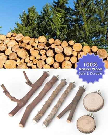 Bissap Bird Perch Stand 7PCS, Natural Grape Wood Pole Standing Parrot Cage Branch Paw Grinding Fork Parakeet Platform Hammock for Conures Budgies Finches Cockatiels Small Birds Exercise Training