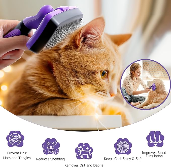 Dog Self-Cleaning Slicker Brush for Shedding Medium & Large Dogs, Cats, and Small Animals. Removes Loose Fur, Mats, and Tangles, Gentle Grooming Tool for Short & Long Haired Pets, Purple