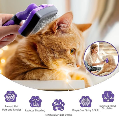 Dog Self-Cleaning Slicker Brush for Shedding Medium & Large Dogs, Cats, and Small Animals. Removes Loose Fur, Mats, and Tangles, Gentle Grooming Tool for Short & Long Haired Pets, Purple