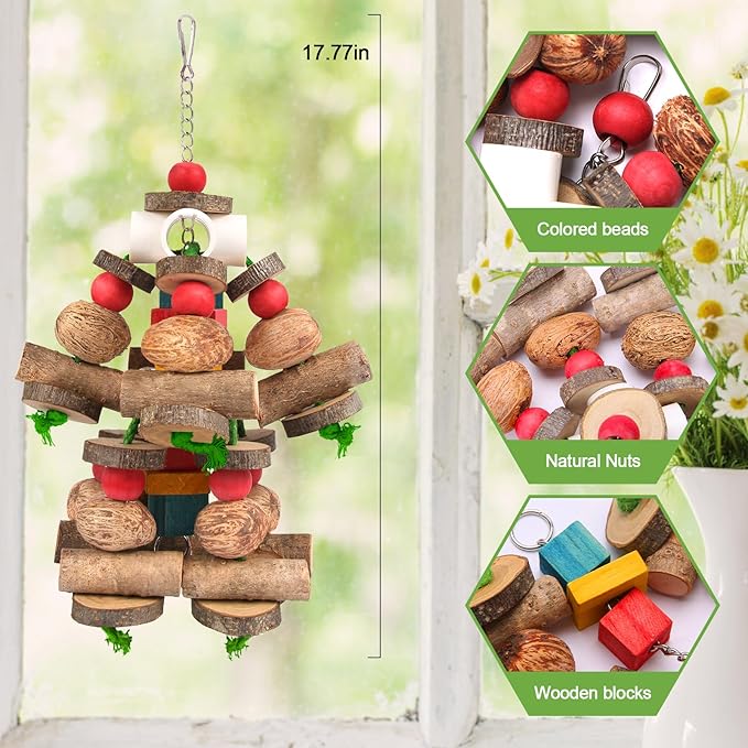 Kyouki Large Parrot Toy, Bird Toys for Cockatoos,Macaws, African Grey, Amazon Parrots,Conures, Lovebirds, Multicolored Natural Wooden Blocks Chewing Toys Bird Cage Accessories (Natural)