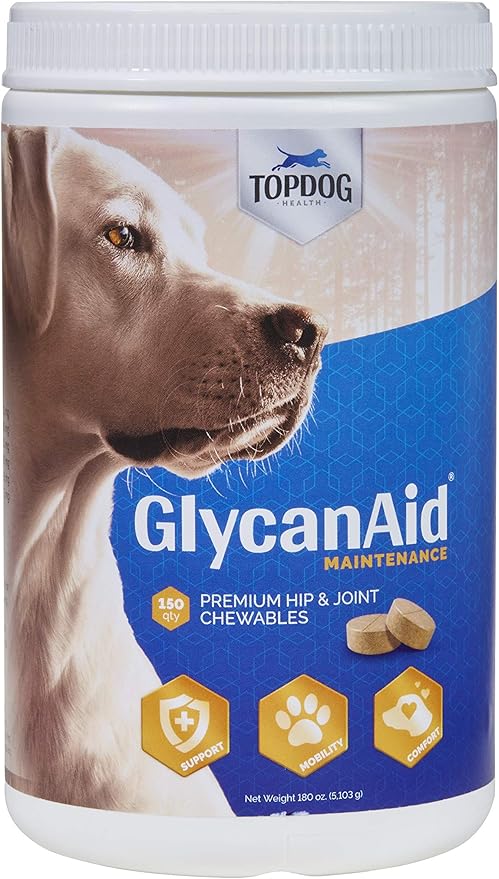 TopDog Health GlycanAid Maintenance Joint Nutrition for Dogs (150 Chewable Tablets), Made in USA-USA Ingredients: Glucosamine HCL, Chondroitin Sulfate, MSM & Vitamin C