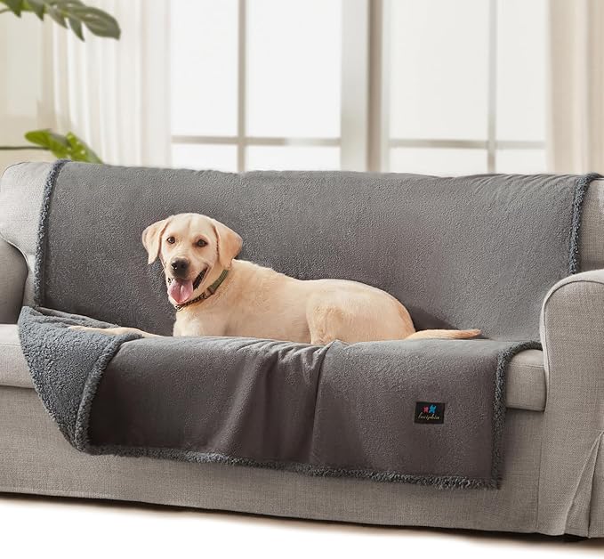 Luciphia Waterproof Bed Blanket Washable, Soft Sherpa Fleece Puppy Reversible Throw Blankets for Medium Large Dog Cat, Furniture Cover Protector Couch from Liquid Pee and Pet Fur, Light Grey,65" x 57"