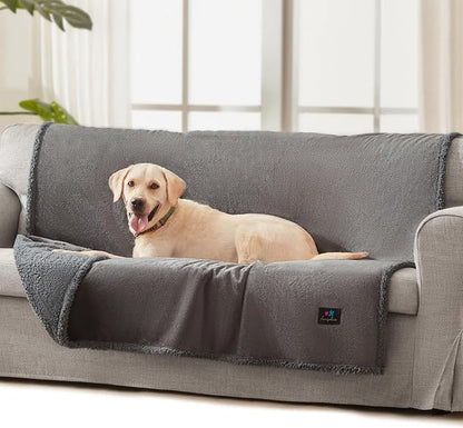 Luciphia Waterproof Bed Blanket Washable, Soft Sherpa Fleece Puppy Reversible Throw Blankets for Medium Large Dog Cat, Furniture Cover Protector Couch from Liquid Pee and Pet Fur, Light Grey,65" x 57"