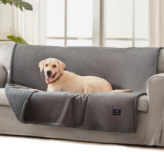 Luciphia Waterproof Bed Blanket Washable, Soft Sherpa Fleece Puppy Reversible Throw Blankets for Medium Large Dog Cat, Furniture Cover Protector Couch from Liquid Pee and Pet Fur, Light Grey,65" x 57"