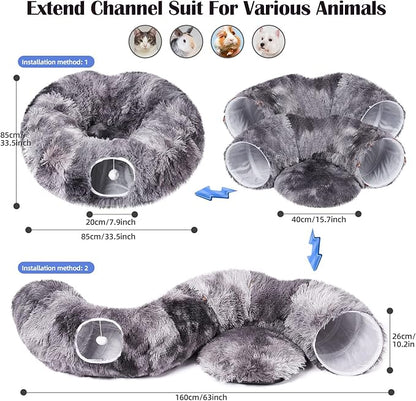 Odoland Cat Tunnel Bed with 20 Cat Toys - Indoor Plush Kitten Couch,Detachable Cats Cave Donut Tunnel & Soft Kitten Toy Set-Cozy Cat Furniture Black