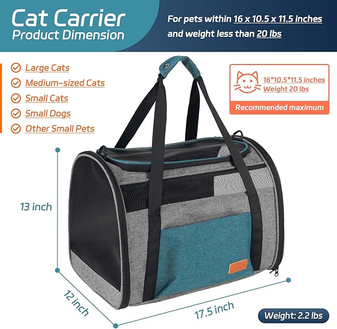 Cat Carrier for Large Cats 20 lbs, Soft Sided Breathable Mesh Cat Travel Carrier, Large Cat Carrier Airline Approved, Washable Pet Carrier for Cats Small Dogs Puppies, Foldable Cat Carrier, Blue