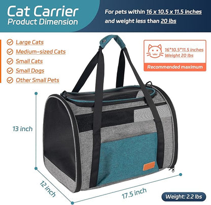 Cat Carrier for Large Cats 20 lbs, Soft Sided Breathable Mesh Cat Travel Carrier, Large Cat Carrier Airline Approved, Washable Pet Carrier for Cats Small Dogs Puppies, Foldable Cat Carrier, Blue