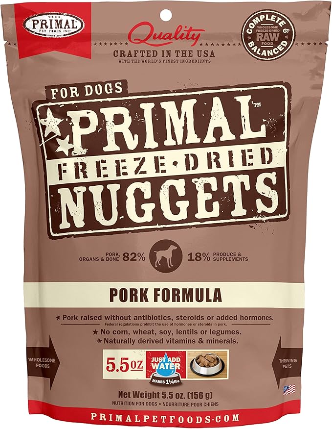 Primal Freeze Dried Raw Dog Food Nuggets, Pork, Complete & Balanced Meal, Also Use as Topper or Treat, Premium, Healthy, Grain Free, High Protein Raw Dog Food, 5.5 oz