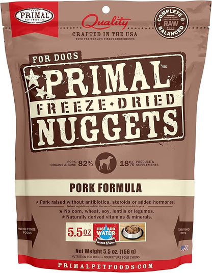 Primal Freeze Dried Raw Dog Food Nuggets, Pork, Complete & Balanced Meal, Also Use as Topper or Treat, Premium, Healthy, Grain Free, High Protein Raw Dog Food, 5.5 oz