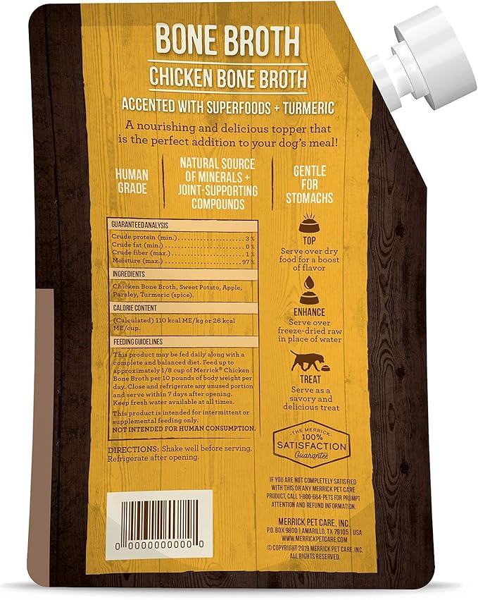 Merrick Grain Free Bone Broth, Premium Human Grade And Gluten Free Dog And Cat Food Topper Pouches, Chicken - 16 oz. Pouch