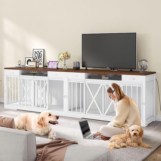 YITAHOME 63 Inch Double Dog Crate TV Stand with Charging Station, Heavy Duty Wooden Dog Crate Furniture for 2 Dogs, Dog Kennel Indoor Furniture Double Sliding Barn Door Design Ideal for 2 Dogs, White