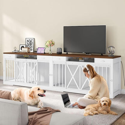 YITAHOME 63 Inch Double Dog Crate TV Stand with Charging Station, Heavy Duty Wooden Dog Crate Furniture for 2 Dogs, Dog Kennel Indoor Furniture Double Sliding Barn Door Design Ideal for 2 Dogs, White