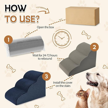 Romrol Dog Stairs Ramp for Beds Couches, Extra Wide Pet Steps with Durable Non-Slip Waterproof Fabric Cover, Pets Slope Stairs, 3-Tiers,Navy