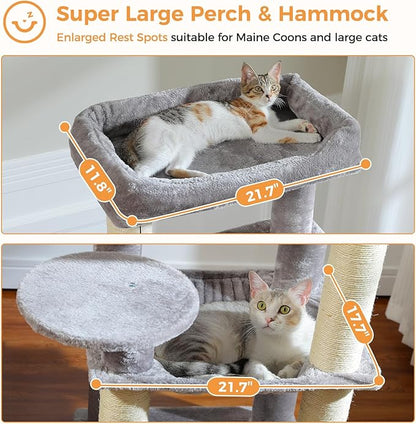 PETEPELA Cat Tree for Large Cats up to 30 lbs, 58" Heavy Duty Cat Tower with Reinforced Scratching Posts[ φ3.9”], Large Hammock, Spacious Condo & Top Perch, Sturdy Cat Furniture for Maine Coons, Grey
