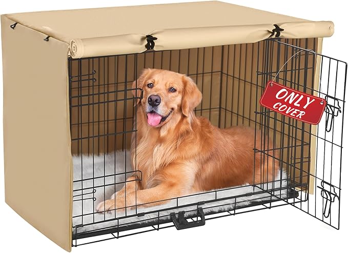 Akinerri Dog Crate Cover - Double Door Waterproof Pet Kennel Cover, Durable 600D Polyester Protective Cage Cover for 24/30/36/42/48 Inch Dog Crate - Beige