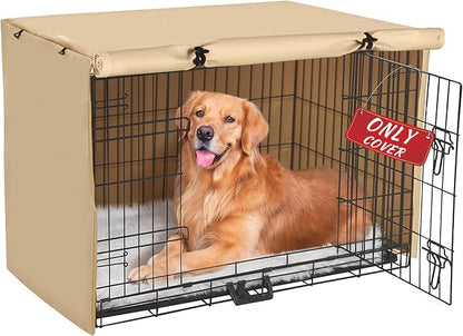 Akinerri Dog Crate Cover - Double Door Waterproof Pet Kennel Cover, Durable 600D Polyester Protective Cage Cover for 24/30/36/42/48 Inch Dog Crate - Beige