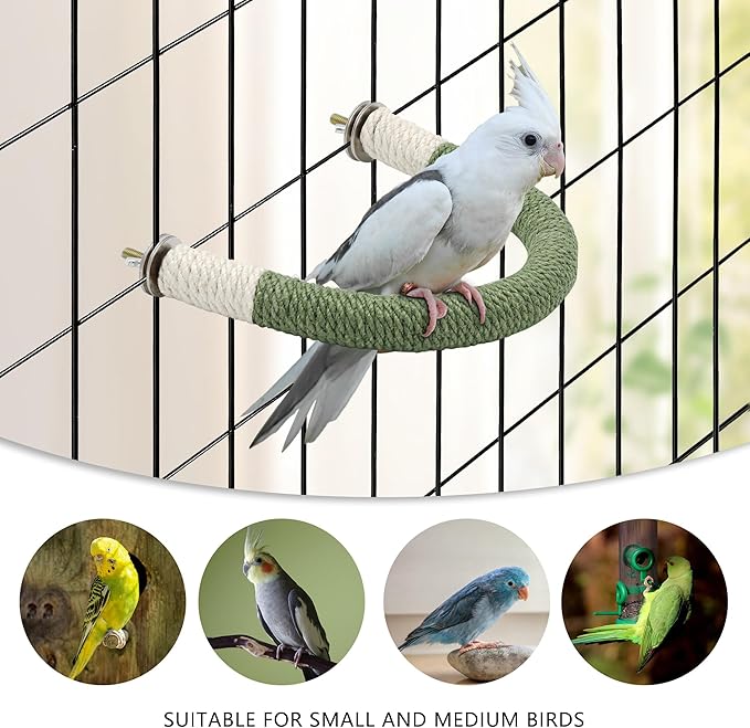 2 Pcs Medium Bird Stand Perch U Shape Hemp Rope Green Wood Parrot Perches for Medium Birds,Parakeets Macaw Cockatiels Conures Love Birds Finches,Bird Training Educational Stand Toys (M,2 Pack)