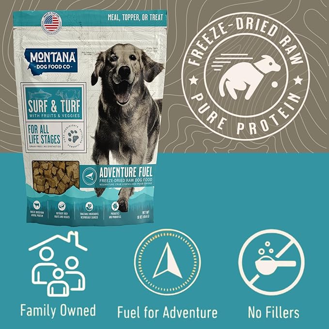 MONTANA DOG FOOD CO. Freeze-Dried Raw Surf & Turf Recipe Dog Food – Grain-Free, High-Protein Meal or Topper, Made in USA with USA Ingredients -16 oz Bag
