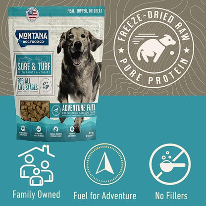 MONTANA DOG FOOD CO. Freeze-Dried Raw Surf & Turf Recipe Dog Food – Grain-Free, High-Protein Meal or Topper, Made in USA with USA Ingredients -16 oz Bag