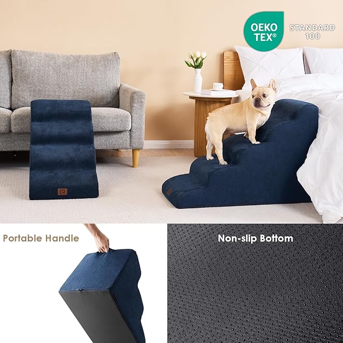 EHEYCIGA Curved Dog Stairs Ramp for High Beds 22.6" H, 5-Step Dog Steps for Small Dogs and Cats, Pet Stairs for High Bed Climbing, Non-Slip Balanced Pet Step Indoor, Navy