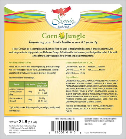 Scenic Corn Jungle Premium Parrot Food - Natural Flavors, High Protein, Low Iron Bird Pellets for Large Parrots, Macaw Food, Cockatoo, African Grey Parrots, Omega 3, Vitamins, Minerals, 2lb(Pack of 2)