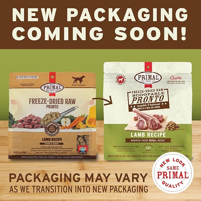 Primal Freeze Dried Dog Food Pronto, Lamb; Scoop & Serve, Complete & Balanced Meal; Also Use as Topper or Treat; Premium, Healthy, Grain Free, High Protein Raw Dog Food (16 oz, 2-Pack)