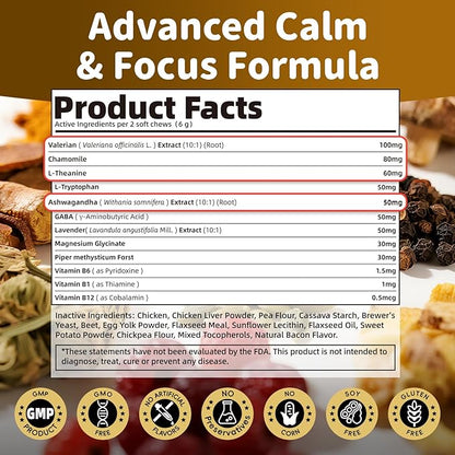 Calming Chews for Dogs – 12-in-1 Dog Calming Treats with Herbal & Vitamins, Relaxation, Focus & Behavior Support for Anxiety, Separation, Barking, Travel, Stress, Upgraded Bacon Flavor, 90 Ct