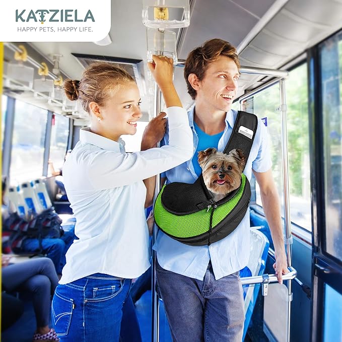 Expandable Pet Carrier Sling Bag - Small Dog, Puppy and Cat Carrier Front Shoulder Backpack w/Harness Strap - Carrying Pouch for ESA, Animal Travel - PU Leather Bottom, Mesh Pocket by Katziela (Green)