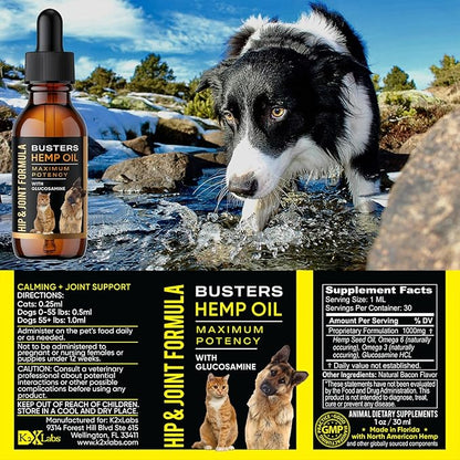 Busters Hip and Joint Hemp Oil for Dogs Formula with Glucosamine, 2Pack 2Month Supply, Soothing Relief for Cats, and Pets, Advanced Mobility Support