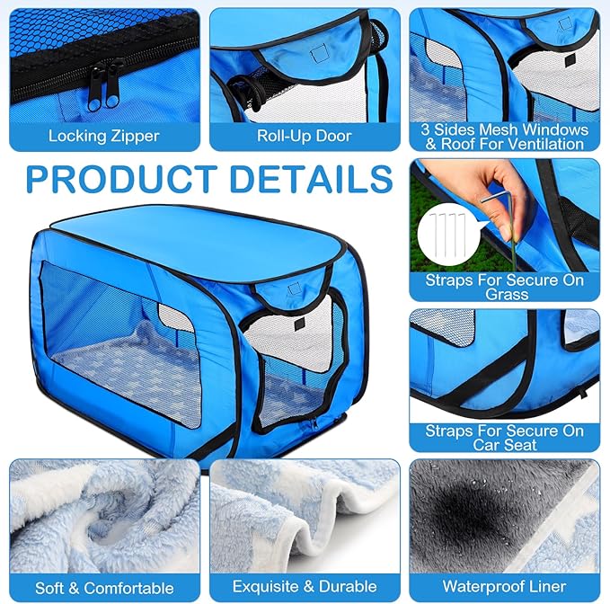 37 Inch Collapsible Dog Crate with Mat Liner Pop up Dog Kennel Waterproof Portable Car Seat Kennel Travel Crate for Pet Indoor Outdoor Cat Bed Collection(Blue)