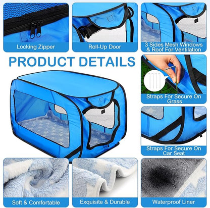 37 Inch Collapsible Dog Crate with Mat Liner Pop up Dog Kennel Waterproof Portable Car Seat Kennel Travel Crate for Pet Indoor Outdoor Cat Bed Collection(Blue)