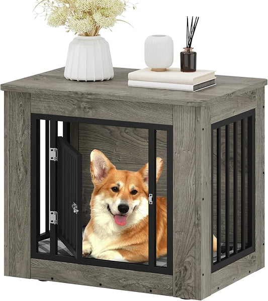YITAHOME 27.2" L Dog Crate Furniture for Medium Dogs, 2-in-1 Iron-Wood Fusion Dog cage Indoor up to 30 lb, Side End Table, Modern Dogs Kennel with Waterproof Top, Safety Corners,Steel Lock,Grey