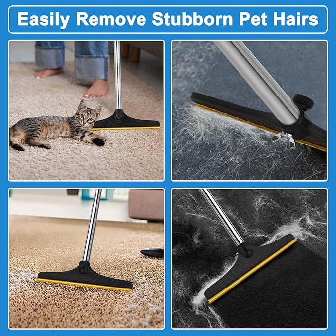 5FT Carpet Rake Pet Hair Remover, Reusable Carpet Rake with Telescopic Handle for Pet Hair Removal Tool Dog Cat Fur Remover Broom for Rugs, Mats, Beds, Stairs (Black)