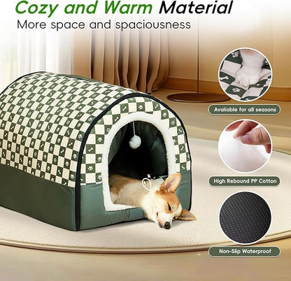 Dog House Indoor, Cozy Dog Cave Bed with Door Curtain, Cushion Mat, Removable and Washable Cover, Multi-Purpose Covered Dog Bed & Cat House for Small- Medium Dogs