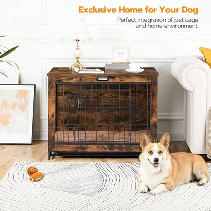 HOOBRO Dog Crate Furniture, 32.5" Medium Dog Kennel Indoor, Wooden Cage with Pull-Out Tray, Double Doors Pet House Side End Table for Medium/Small Dogs, Rustic Brown BF802GW03G1
