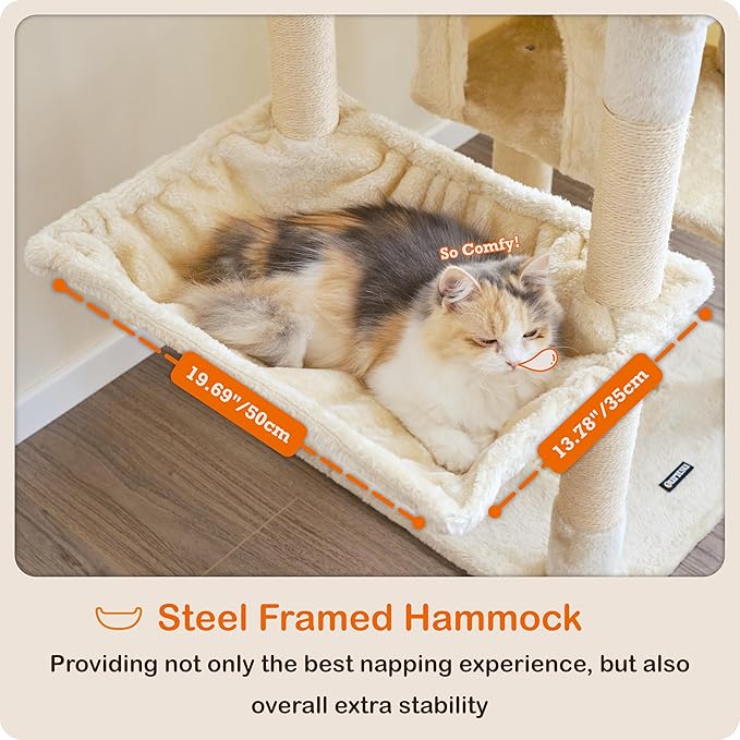 Ouritsu Cat Tree, 57 inch Cat Tower for Large Cat Indoor, 2 Top Perches with 1 Widened, 2 Condos with 1 Enlarged, Steel Frame Hammock, Scratching Posts and Scratching Pad, Beige, LF003WH