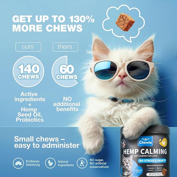 Cat Calming Treats - Probiotic Melatonin Soft Chews for Cat Anxiety Relief - Calming Chews for Stress, Storms, Travel, Grooming, Separation Anxiety - Behavioural Support