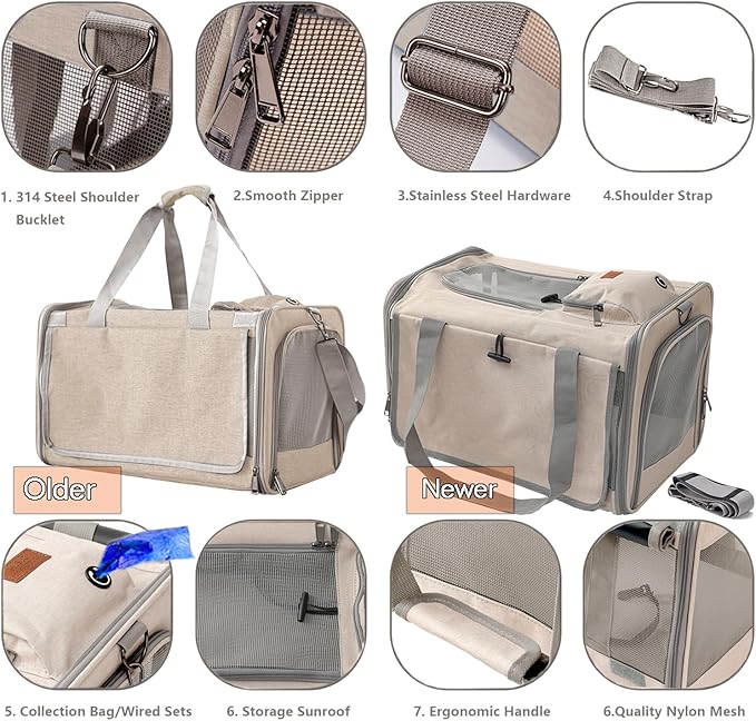 Pet Carrier for Large Cats,Soft-Sided Cat Carrier for Medium Big Cats or Puppy up to 20lbs,Washable Dog Carrier Privacy Protection for Home Outdoor Travel (Khaki)